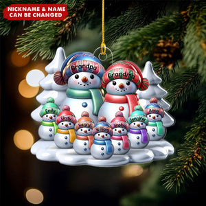 Winter Snowmen Happy Family Dad Mom Grandpa Grandma With Kids Personalized Acrylic Ornament