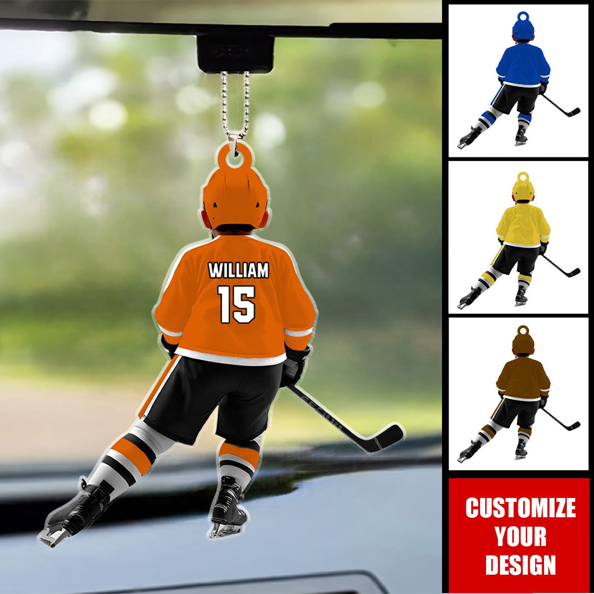 Personalized Kid Hockey Player Car Ornament, Hockey Uniform Car Ornament