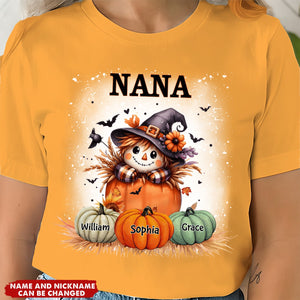 Grandma's Little Pumpkins - Fall Season Background - Scarecrow Grandma With Pumpkin Kid Names Personalized T-shirt