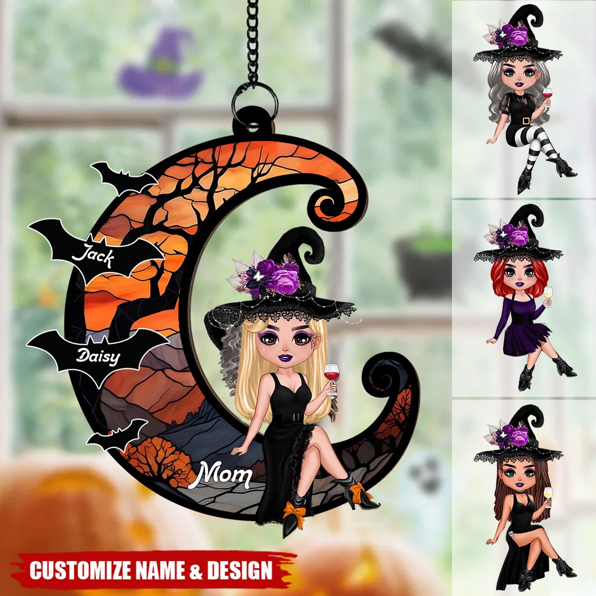 Grandma Mom Witch On Moon Personalized Window Hanging Suncatcher Ornament, Halloween Decor