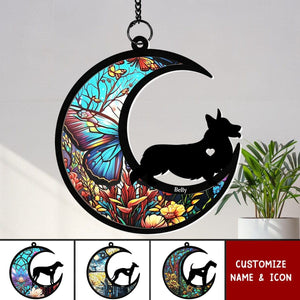 Dog With Stained Acrylic Moon - Personalized Window Hanging Suncatcher Ornament