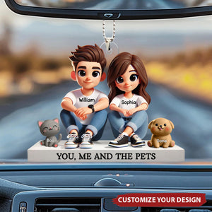 Cute Couple And Dogs Cats Personalized Acrylic Car Ornament