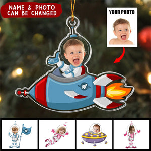 Custom Kid Face In Ufo Astronaut - Personalized Photo Ornament