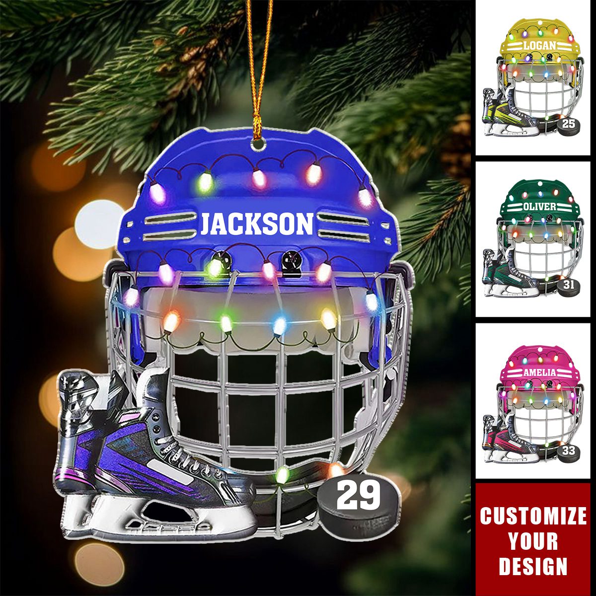 Hockey Helmet And Shoes - Personalized Acrylic Christmas Ornament, Gift For Hockey Lovers