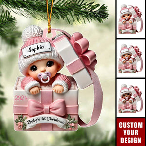 Baby Inside Gift Box 3D Effect Personalized Acrylic Ornament, Lovely Keepsake to Celebrate Baby's First Christmas