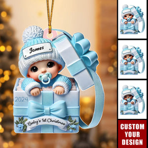 Baby Inside Gift Box 3D Effect Personalized Acrylic Ornament, Lovely Keepsake to Celebrate Baby's First Christmas