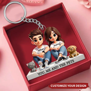 Cute Couple And Dogs Cats Personalized Acrylic Keychain