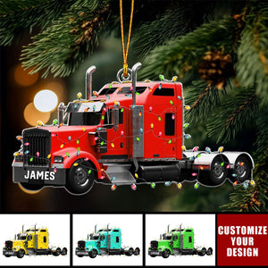 Semi-Truck With Christmas Light - Personalized Acrylic Ornament, Gift For Trucker