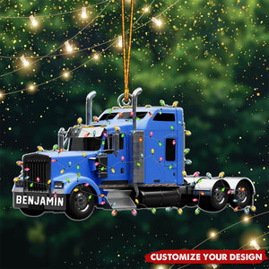 Semi-Truck With Christmas Light - Personalized Acrylic Ornament, Gift For Trucker