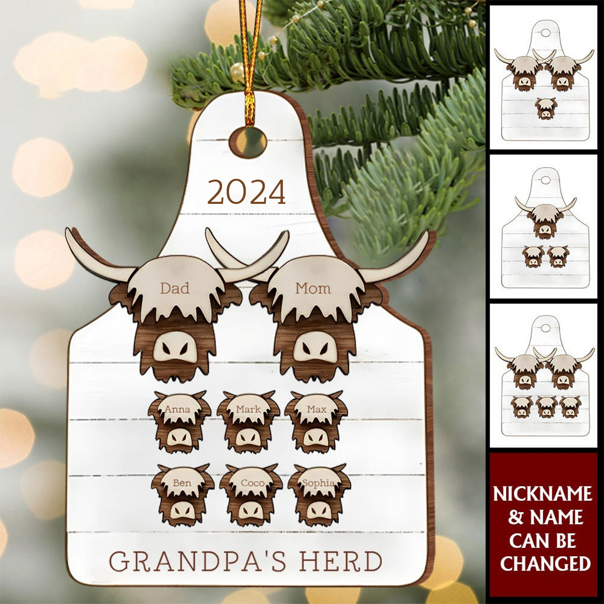 Highland cow, family christmas ornament, farmhouse Christmas, 2024 ornament, rustic christmas ornament