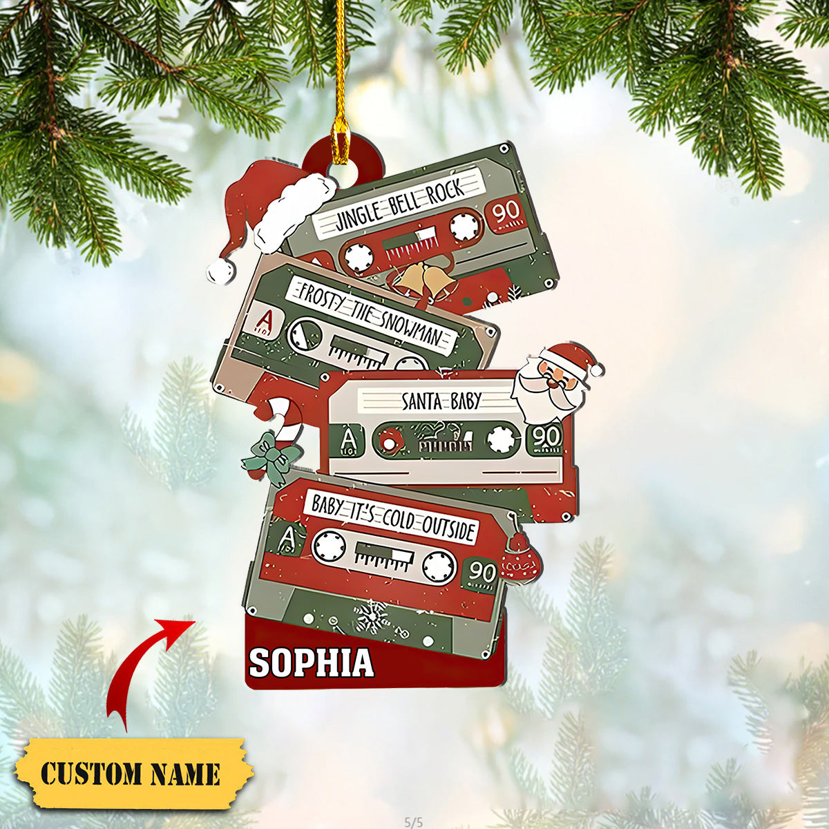 Personalized Cassette Christmas Tree Acrylic Ornament, Vintage Cassette Custom Name Music Box Ornament