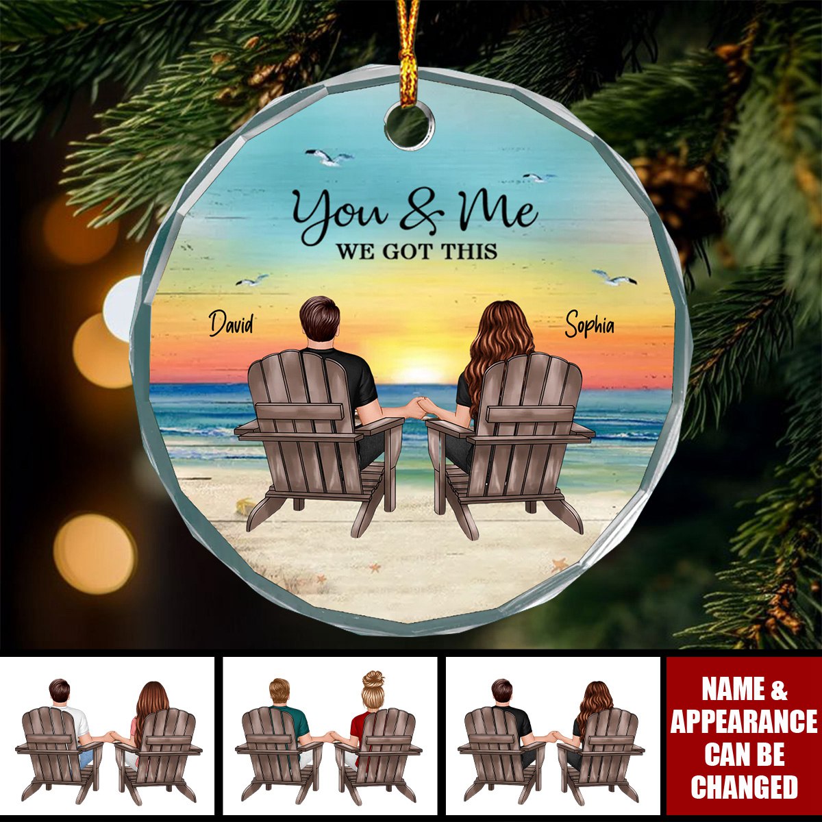 Couple Sitting Eternal Sunset Beach Personalized Circle Glass Ornament