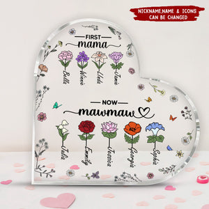 First Mom Now Grandma Birth Month Flower Personalized Acrylic Heart Plaque