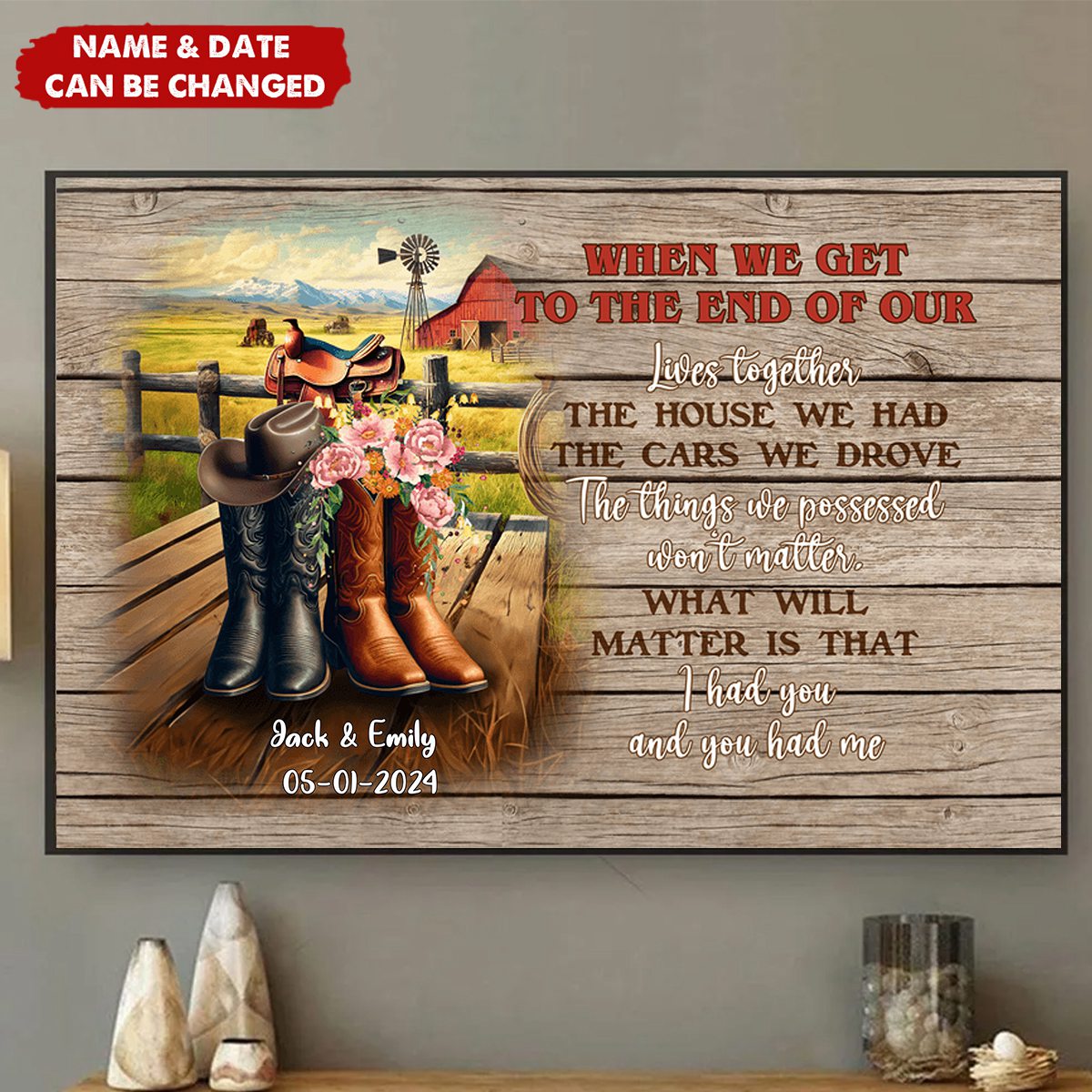 Personalized Gift For Cowboy Couple Wall Art, Cowboy Boots On Western Farm Poster