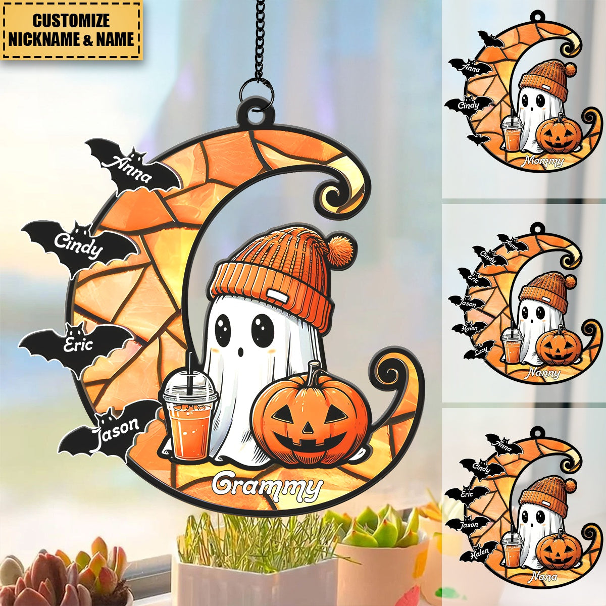 Halloween Grandma Boo & Bats Kids On Moon Personalized Suncatcher Ornament, Gift For Grandma