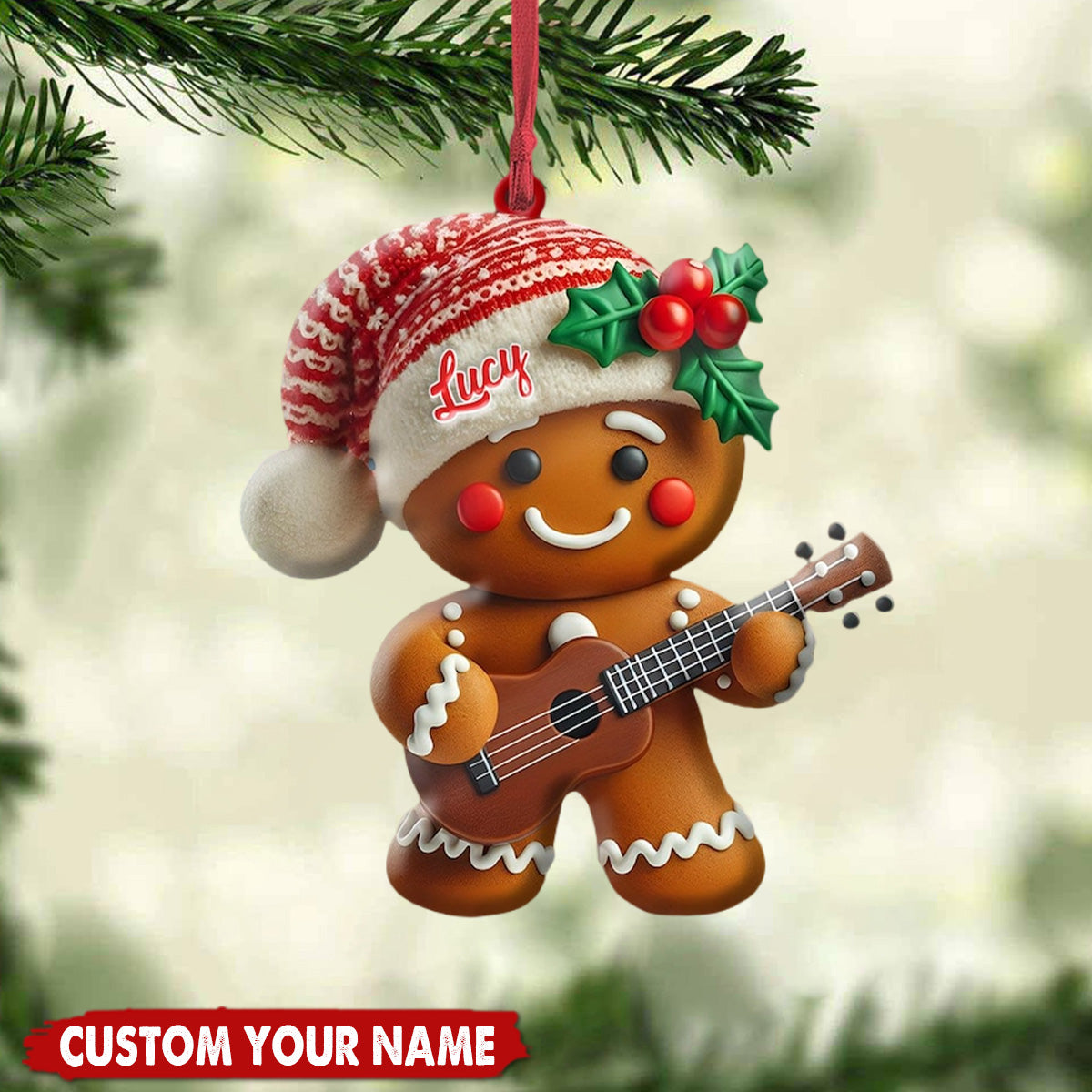 Personalized Gingerbread Playing Ukulele Ornament - Unique Xmas Tree Decor, Musical Instrument Ornament, Christmas Gift for Ukulele Player