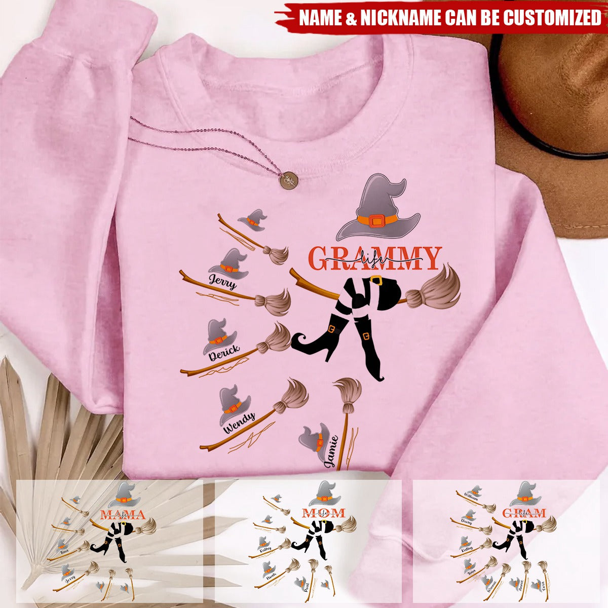 Grandma, Mom Witch Flying In Broom With Broom Kids Around Personalized Sweatshirt