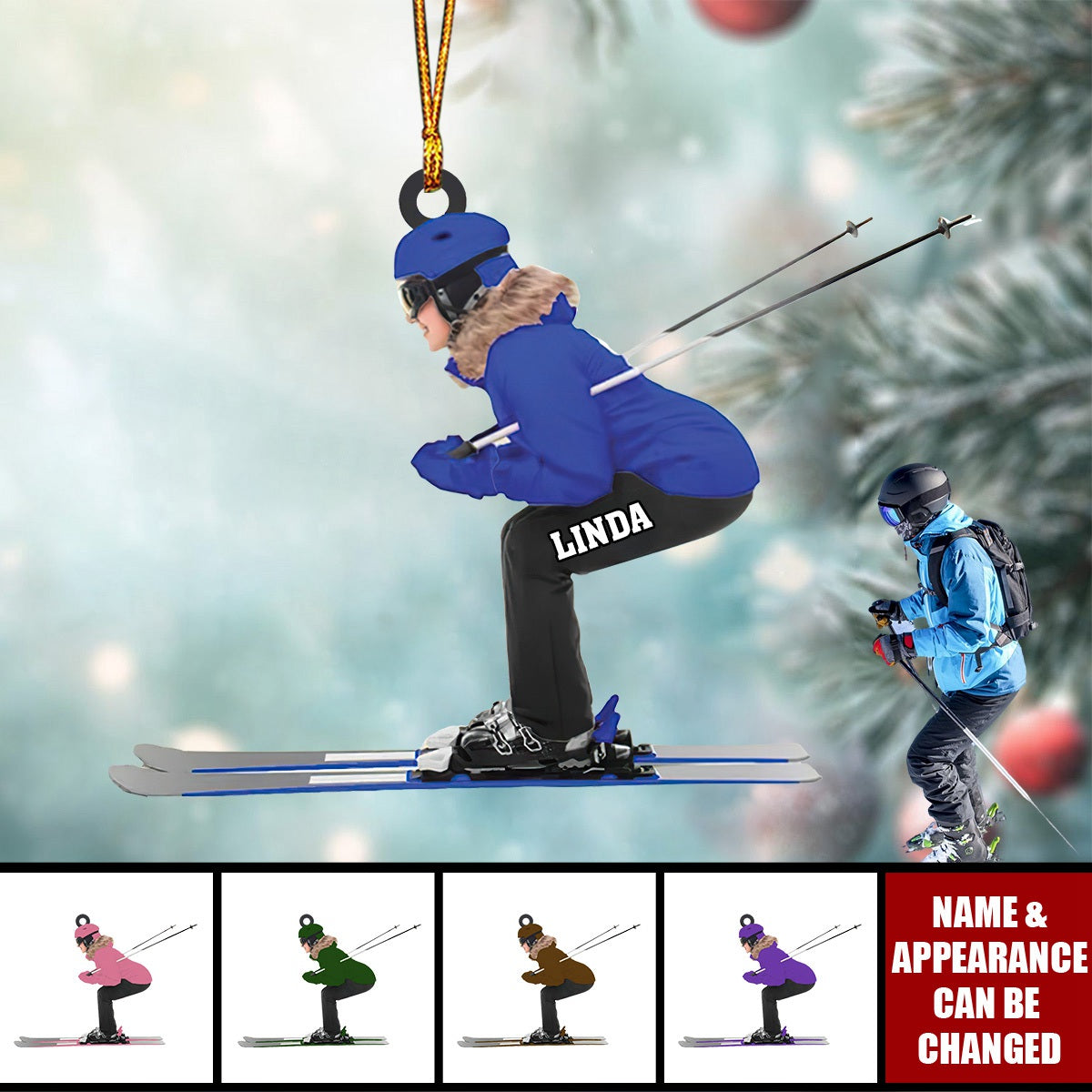 Custom Name Skier Ornament, Personalized Christmas Ornament For Ski Lovers