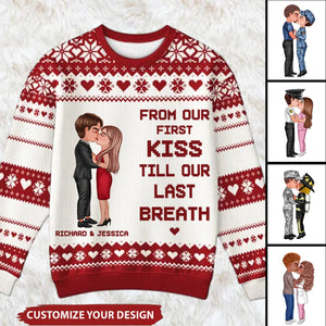 Christmas Hugging Kissing Couple Occupation Personalized Faux Knitting Ugly Sweater, Gift For Him, For Her, For Police, Nurse, Firefighter, EMS, Military