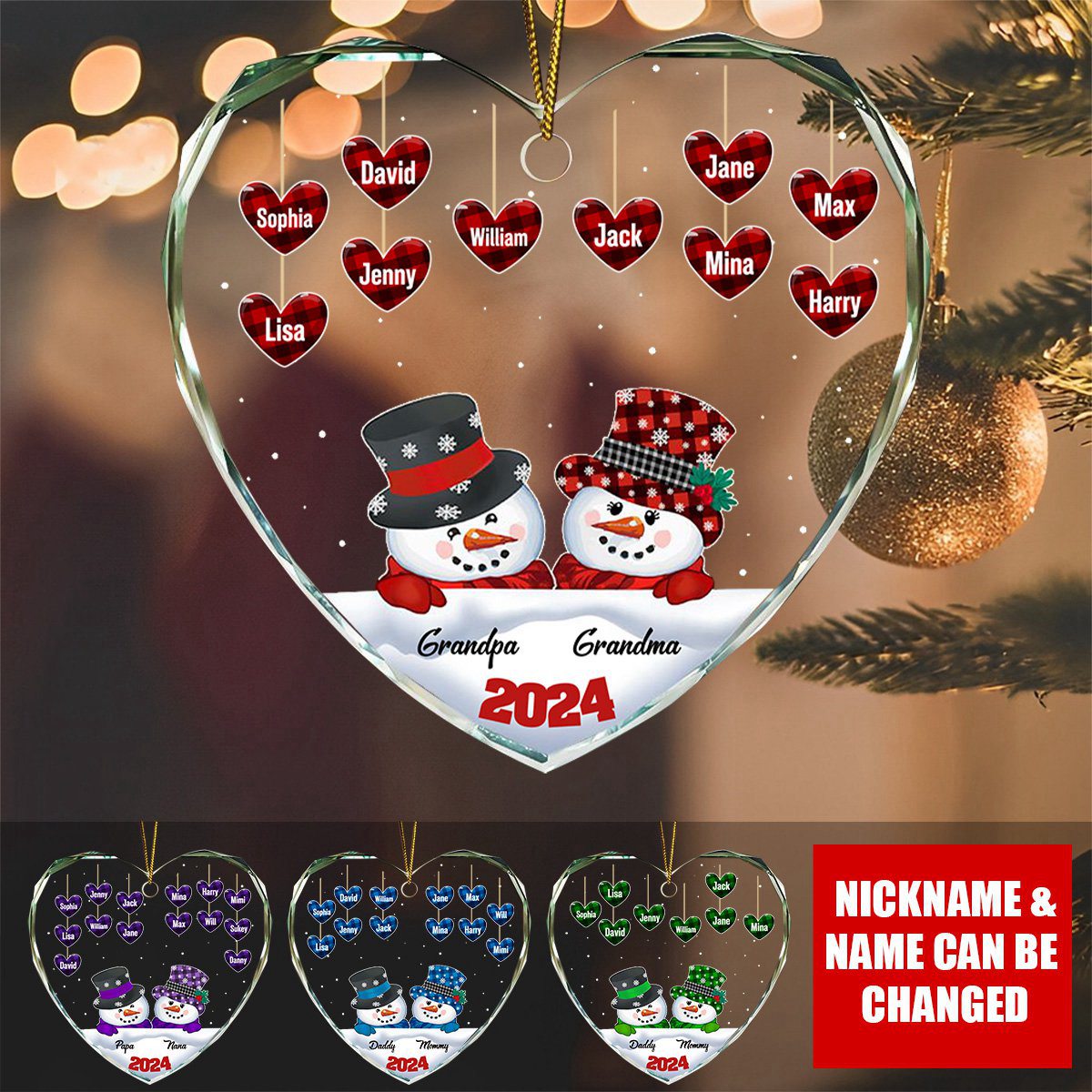 Papa Nana Snowman Christmas Grandparents - Personalized Heart Shaped Glass Ornament