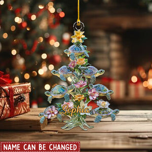 Personalized Sea Turtle Serenity Blossoming Ocean Tree Shaped Ornament