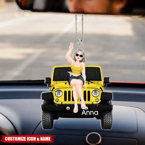 Girl Sitting On Off-road Car - Personalized  Acrylic Car Ornament, Gifts For Car Lovers