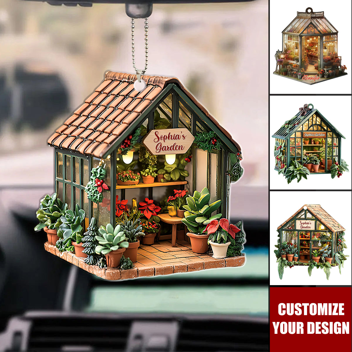 Personalized Greenhouse Garden Car Ornament, Gardening Keepsake, Gardener Gift