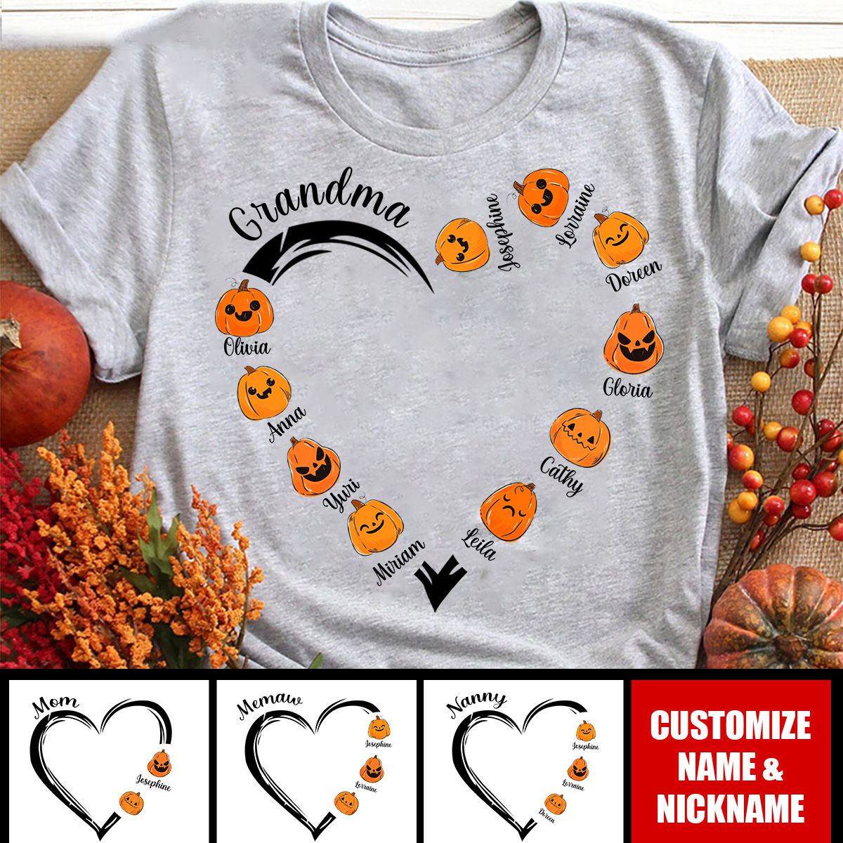 Grandma Mom Halloween Heart With Cute Pumpkins Kids Personalized T-shirt