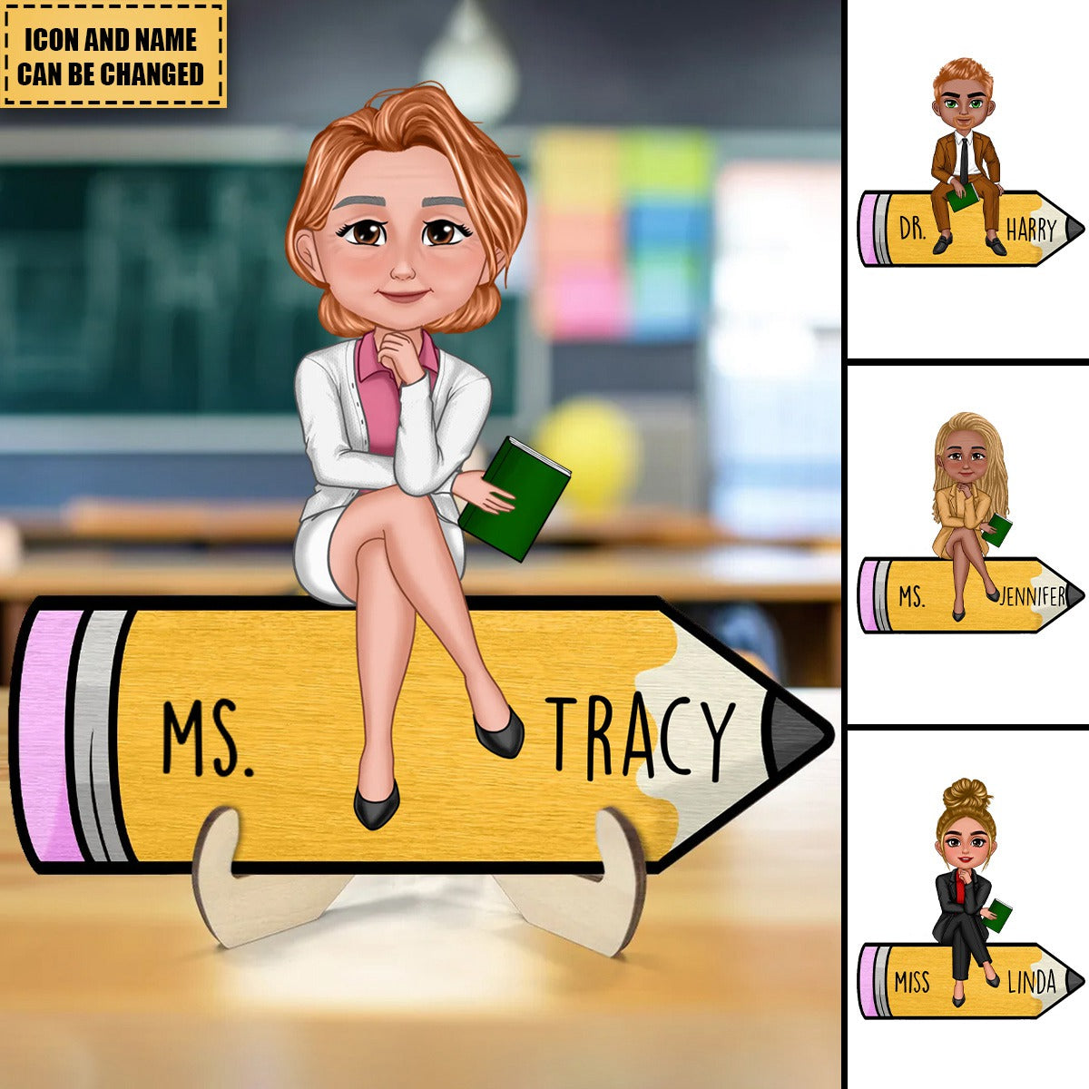 Doll Teacher Sitting On Pencil Personalized 2-Layer Wooden Plaque