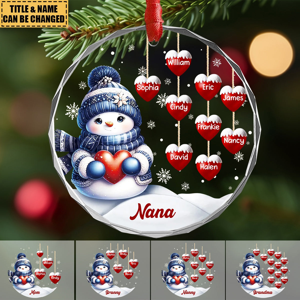 Personalized Snowman Grandma's Hearts Circle Glass Ornament