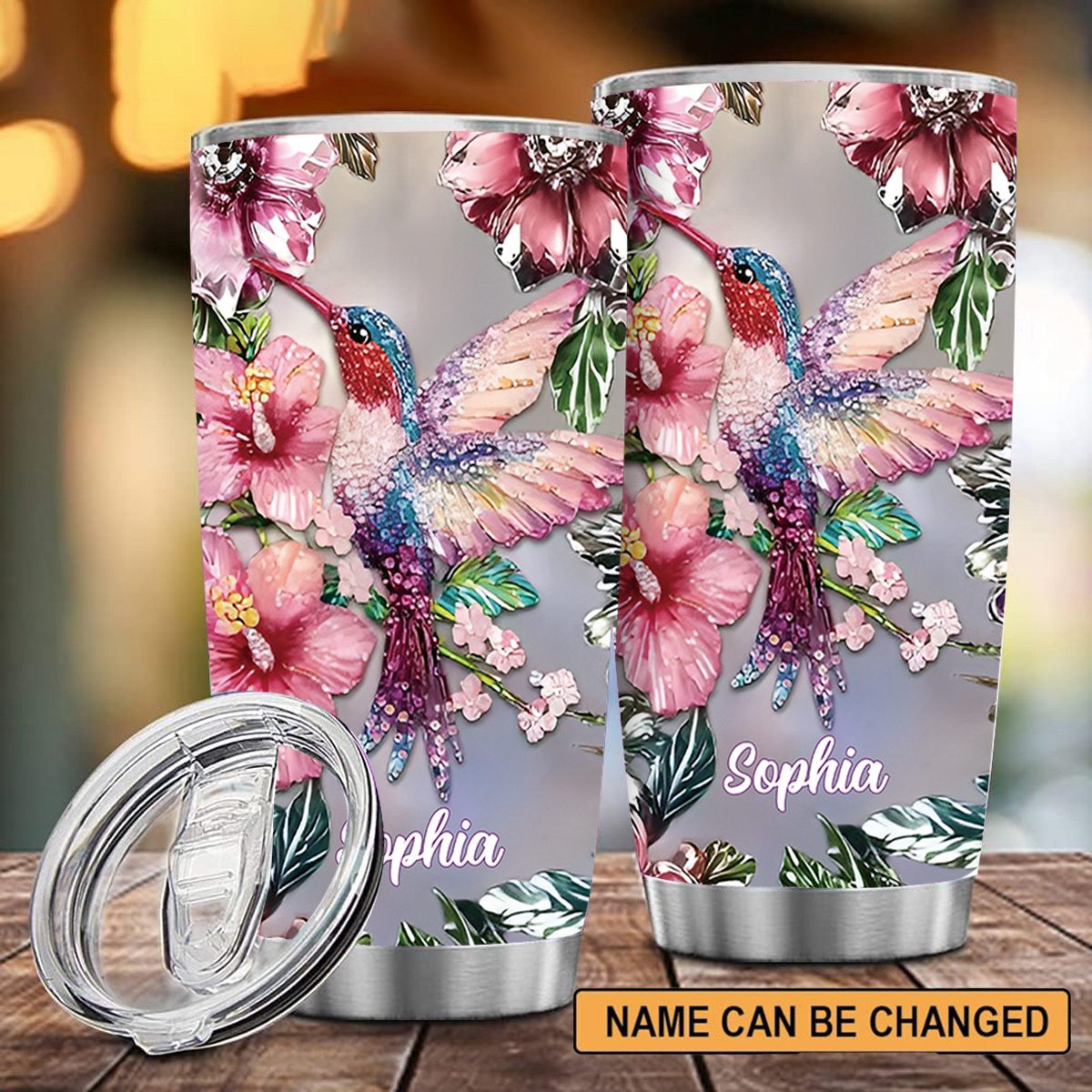 Sparkling Floral Hummingbird Personalized Name Hummingbird Tumbler