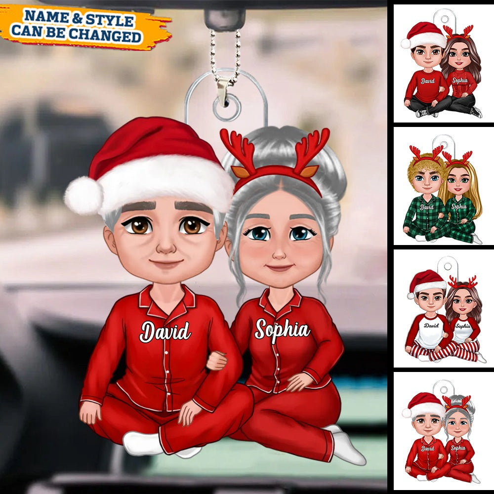 Perfect Gifts For Couple - Christmas Couple Sitting Hugging Christmas Gift Personalized Car Ornament