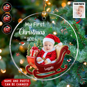 Personalized Baby 1st Christmas Custom Photo Adorable Little Santa Acrylic Circle Ornament