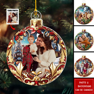 Custom Photo Christmas Ball With Floral Pattern - Personalized Custom Shaped Acrylic Ornament