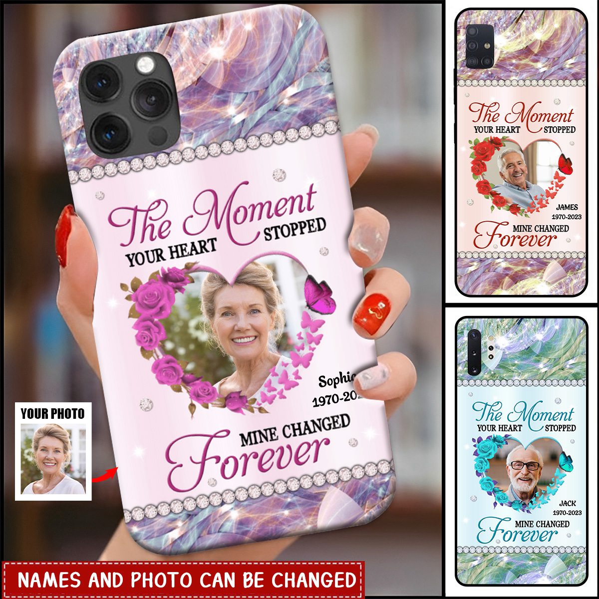 Sparkling Memorial Custom Photo, The Moment Yours Heart Stopped Mine Changed Forever Personalized Phone Case