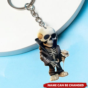 Personalized Romantic Skeleton Gothic Holiday Keychain With Rose And Cloak Design