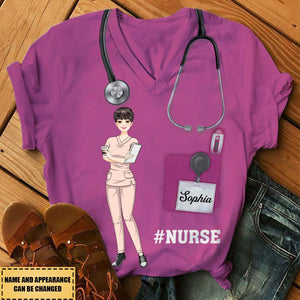 Nurse Scrub CNA RN Healthcare Worker - Personalized V-neck 3D T-shirt