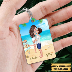 Doll Couple Hugging Kissing On The Beach - Personalized Keychain