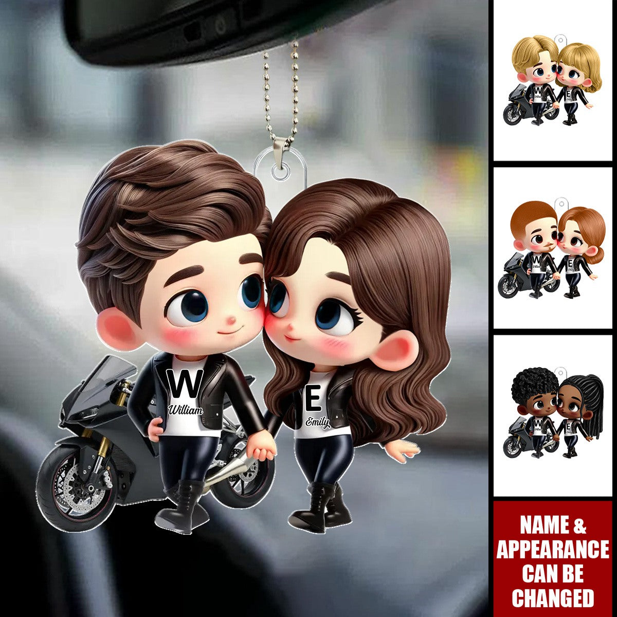 Cute Cartoon Motorcycle Couple - Personalized Acrylic Car Ornament - Anniversary & Valentine's Day Gift for him, Gift for her