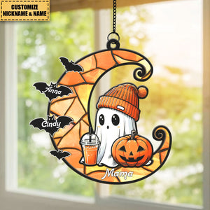 Halloween Grandma Boo & Bats Kids On Moon Personalized Suncatcher Ornament, Gift For Grandma