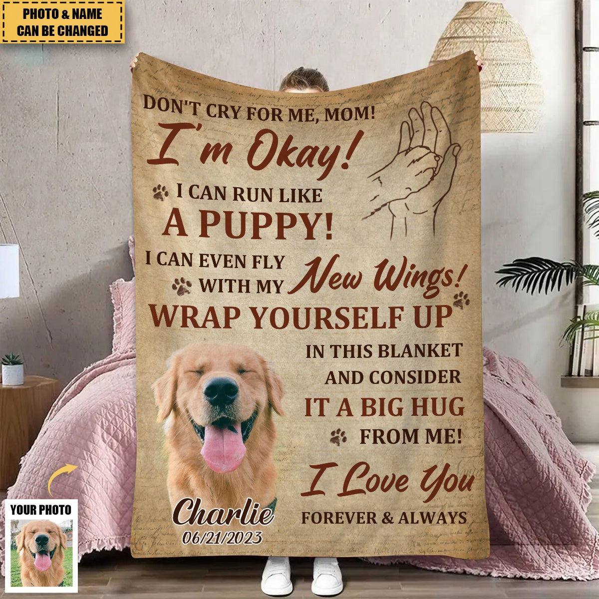 Custom Photo Don't Cry For Me I'm Okay - Memorial Personalized Blanket - Sympathy Gift For Pet Lovers