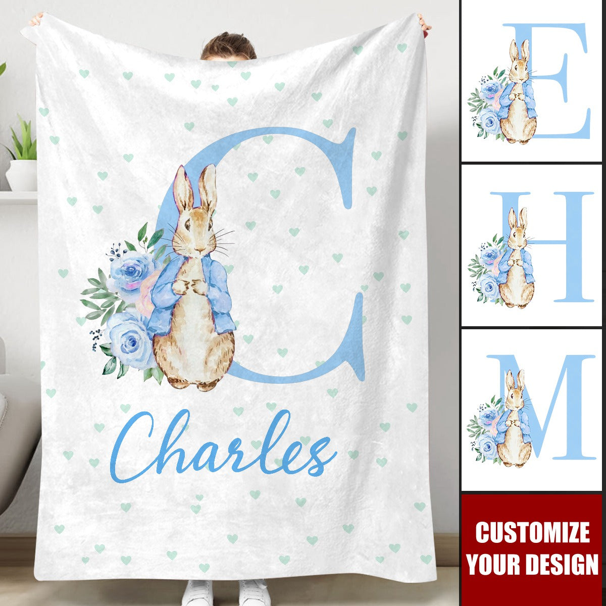 Customized Easter Rabbit Bunny Name Blanket - Personalized Blanket