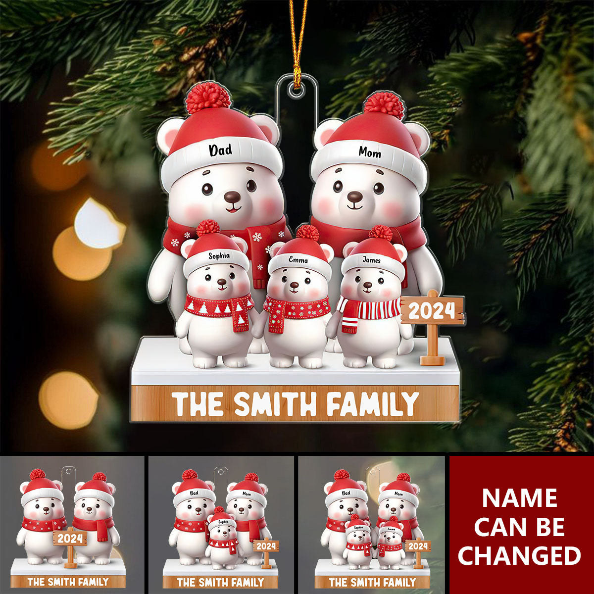 Personalized 3d Polar Bears Christmas Family Ornament