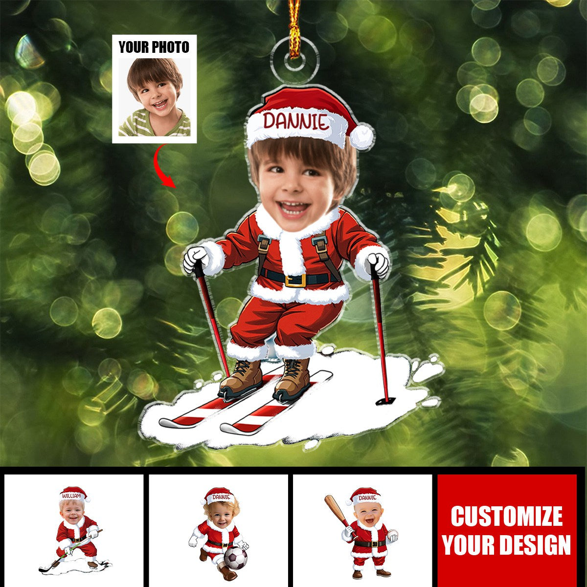 Playing Sports In Santa Costume - Personalized Acrylic Photo Ornament