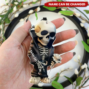 Personalized Romantic Skeleton Gothic Holiday Keychain With Rose And Cloak Design