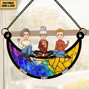 Best Friends Sitting On The Moon - Personalized Window Hanging Suncatcher Ornament