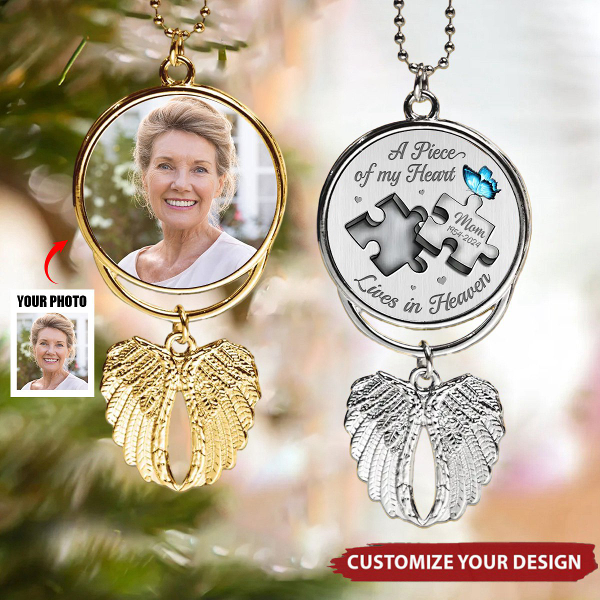 Custom Photo A Piece Of My Heart Lives In Heaven - Personalized Memorial Charm Angel Wings Ornament