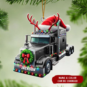 Custom Name Semi Truck With Santa Hat Personalized Shaped Christmas Ornament, Gift For Truckers