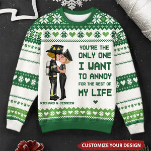 Christmas Hugging Kissing Couple Occupation Personalized Faux Knitting Ugly Sweater, Gift For Him, For Her, For Police, Nurse, Firefighter, EMS, Military