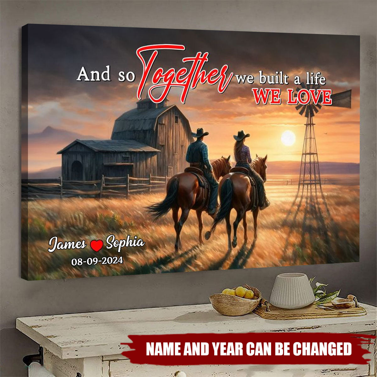 Personalized Gifts For Couple Canvas, Cowboy Couple Riding Horse On Sunset Prairie